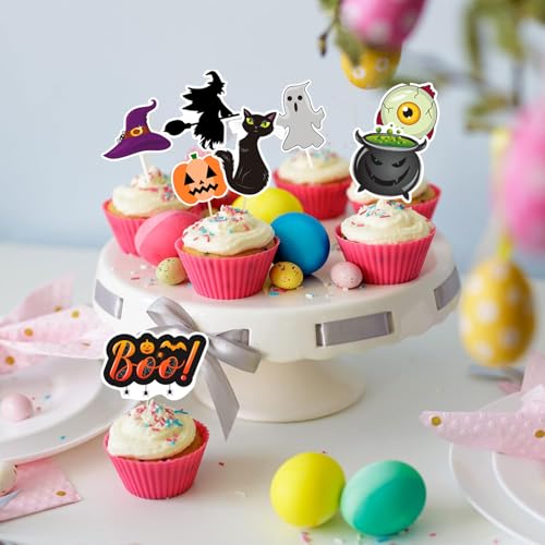 Halloween Cupcake Toppers 40Pcs Spooky Ghost Witch Pumpkin Cat Decorations