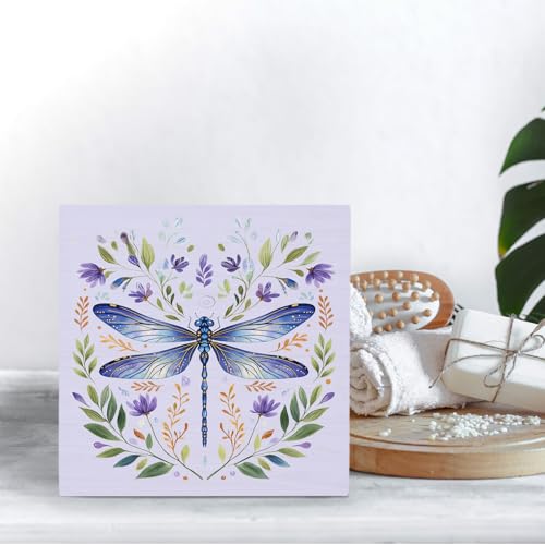 Purple Floral Dragonfly Wooden Desk Sign - Rustic Decorative Table Accent