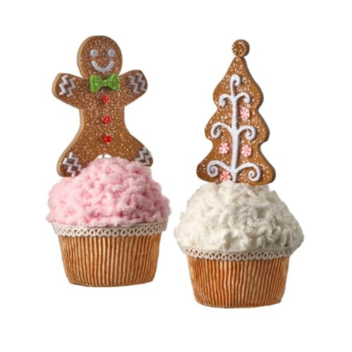 Holiday Fabric Cupcake Decorations Set of 2 - Gingerbread Man & Christmas Tree - Xmas Tabletop & Cake Toppers