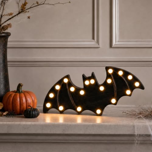 FestalMart Wooden Bat Light Up Halloween Decor - Black, Tabletop & Wall