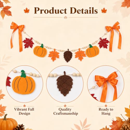 Fall Bow Garland with Acorns and Maple Leaves for Autumn Home Decor
