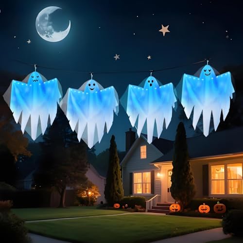 Halloween Hanging Ghost Lights Set - White Ghosts with Blue Light, 4 Pack Outdoor Decor