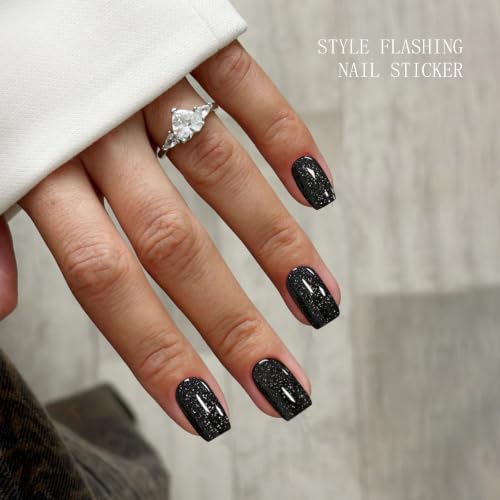 Black Glitter Halloween Gel Nail Art Stickers - Semi Cured Glitter Strips