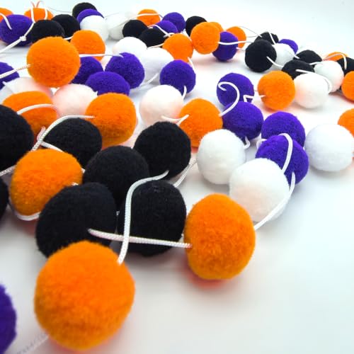 Halloween Wool Felt Ball Garland - 3 Pack, 19.68 Ft, Black, Orange, Purple & White