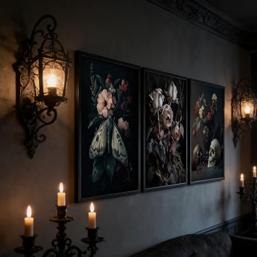 Gothic Wall Art Set - Skull Moth Dark Academy Poster Wall Decor - 24"Lx16" Variation