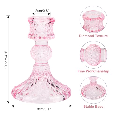 Pink Glass Candle Holder Set - 2PCS Decorative Pillar Candle Stands for Weddings & Events