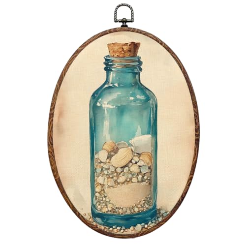 Bottle Shell Ocean Coastal Wall Art - Rustic Oval Canvas Decor, 8.3x12in - Variation of THIS listing