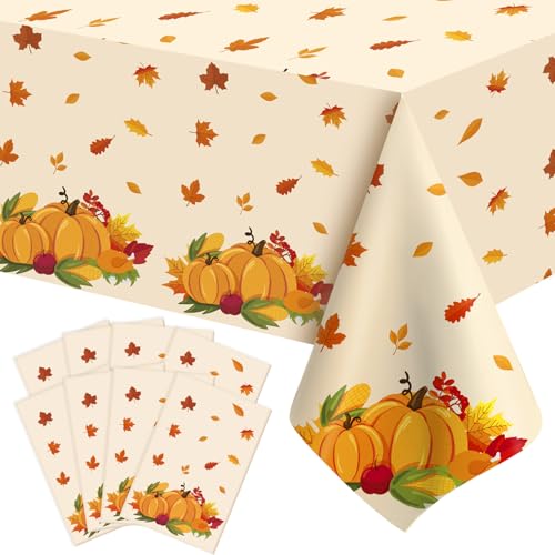 Gold Fall Thanksgiving Tablecloth 8 Pack - Disposable Plastic Autumn Pumpkin & Maple Leaf Design 54x108 Inches