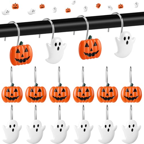 Halloween Shower Curtain Hooks Set - Ghost Pumpkin Decor, 12 Pieces, Orange & White Variation