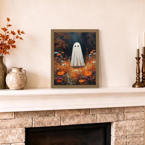 Ghost Flowers Fall Wall Art Canvas - Framed Autumn Forest Halloween Decor 8x10 Inch