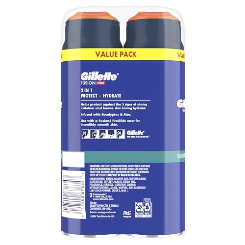 Gillette PRO Shaving Gel For Men Cools To Soothe Skin And Hydrates Facial Hair, TWIN PACK - Total 14oz, ProGlide Sensitive 2 in 1 Shave Gel