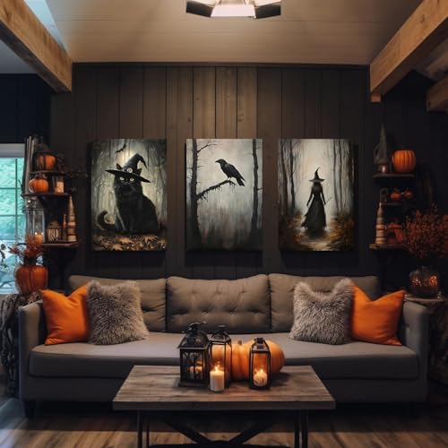 Halloween Wall Art Set Gothic Paintings Black Cat Crow Witch Canvas 16x12 Inches