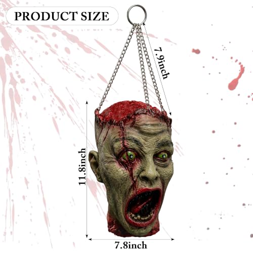 Halloween Bloody Zombie Head Prop - Latex Hanging Severed Head with Chains - 11.8"