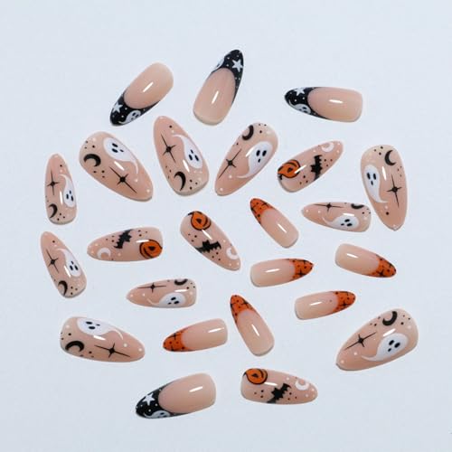 Halloween Press On Nails Medium Almond Fake Nails with Bat Pumpkin Ghost Design - Variation: Almond-10