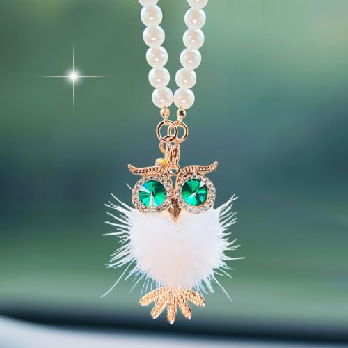 Car Rearview Mirror Decoration - Sparkling Owl with Pom Pom and Pearl Chain - White Variation
