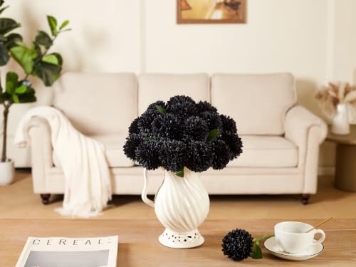 Black Artificial Chrysanthemum Flowers Ball Set - 12 Faux Flowers for Decor