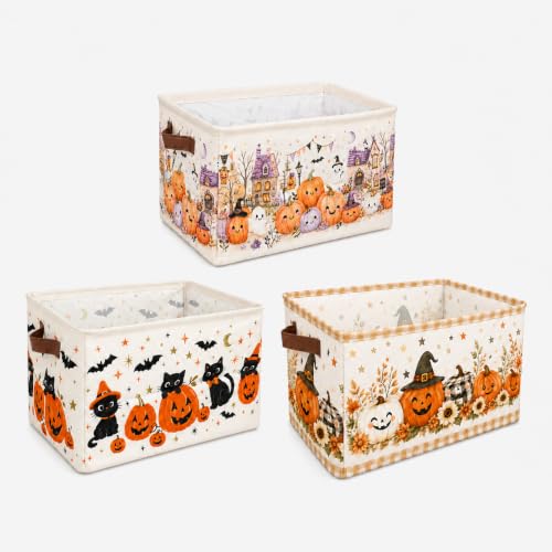 Beige Halloween Foldable Canvas Storage Baskets with Handles - Set of 3
