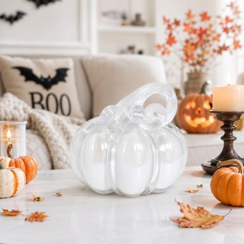 White Glass Pumpkin Decor - Fall Halloween Table Centerpiece - 5.5 Inch