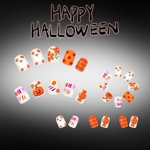 Halloween Press On Nails Short Square Nails with Pumpkin Ghost Designs - Pattern W16, 24 Pcs