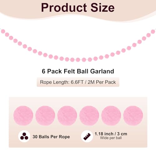 Pink Felt Ball Garland 6.6ft Party Home Decor Birthday Wedding Festive Banner - Variation of 6