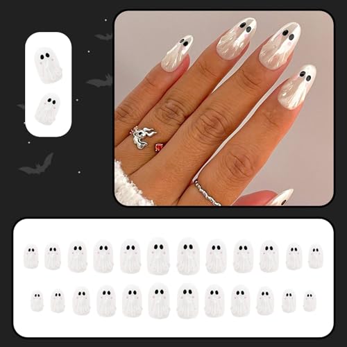 Halloween Press On Nails Glossy Chrome Fake Nails with White Ghost Design - Style 39, Medium Almond Shape, 24 Pcs