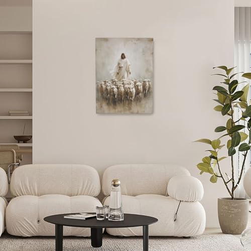 Jesus and Lamb Wall Art Canvas Print Religious Decor for Living Room Bedroom - 16x12 Inches