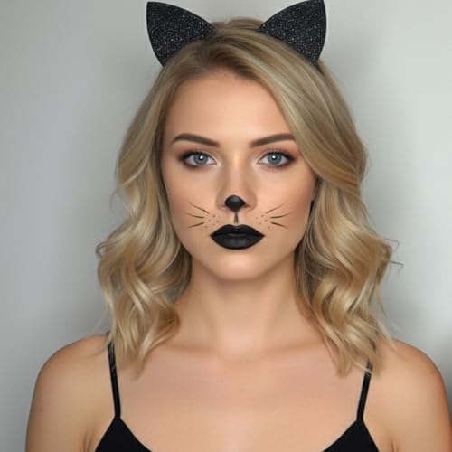 Halloween Cat Makeup Kit with Headband, Eyeliner & Lipstick - Black & Adjustable