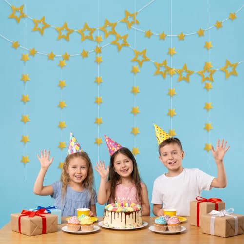 Gold Star Garland Decoration - 28Ft String with Hollow and Solid Stars for Party & Holiday