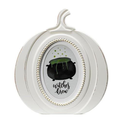 Halloween Pumpkin Picture Frame 5x7 White with Gold Beading - Fall Decor, Wall & Tabletop
