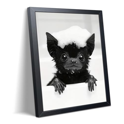 Framed Funny Bat Bathroom Wall Art - Black & White Canvas Print, 10x8 Inches, V-Framed-2