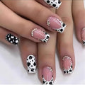 French Tip Fake Nails Short Square with Glitter Rhinestones & Cow Print - Black & White Variation 34