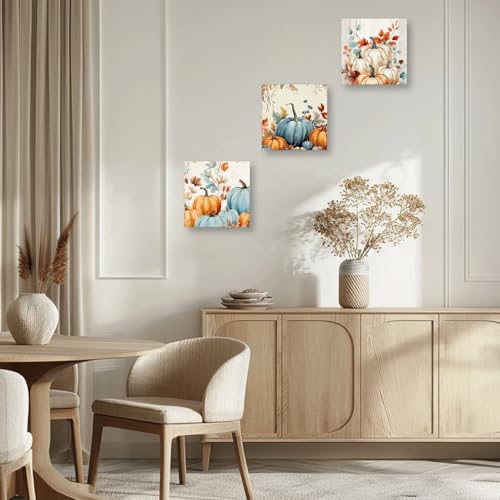 Pumpkin Wall Art Canvas Prints - Autumn Pumpkin Pictures Set 12x12 Inch Orange - Rustic Farmhouse Decor - 3 Pieces