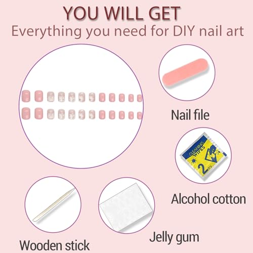 Pink Acrylic Short Square Nails with Iced Camellia Design - 32pcs Press On Fake Nails