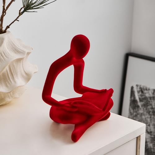 Red Flocked Thinker Statue Decor - Modern Abstract Reading Figurine for Living Room & Office - Gift for Book Lovers