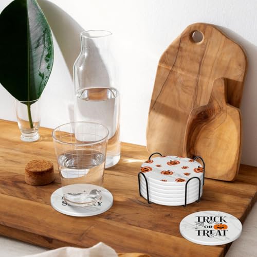 Halloween Round Absorbent Coasters Set of 6 with Holder - White Marble Pumpkin Pattern