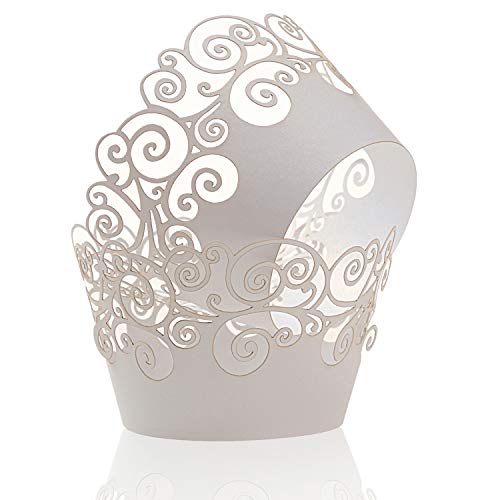 White Cupcake Wrappers 50 Pack Filigree Lace Design for Wedding Birthday