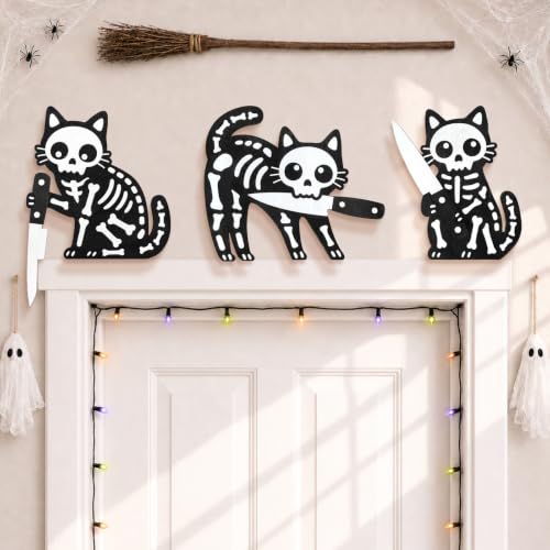 Halloween Black Cat Wall Decor 3 Pcs Wooden Door Toppers - White Variation