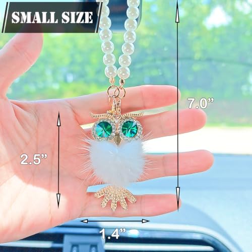 Car Rearview Mirror Decoration - Sparkling Owl with Pom Pom and Pearl Chain - White Variation