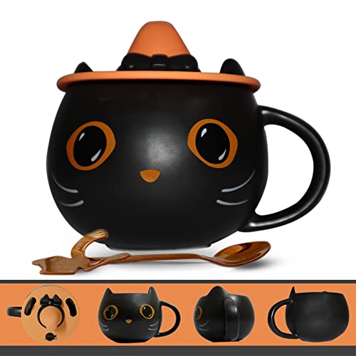 Brewish Cat Mug with Witch Hat Lid & Spoon - 12oz Black Ceramic Coffee & Tea Cup - Cat Lover Gift