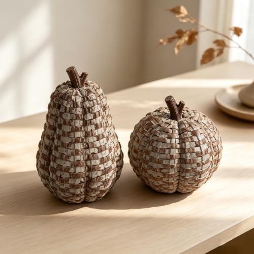Brown Fall Pumpkin Decor Pack - Woven Resin Pumpkins for Indoor & Outdoor