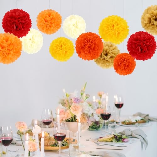 Fall Party Decorations Tissue Paper Flowers & Pompoms - Orange & Red - 16PCS
