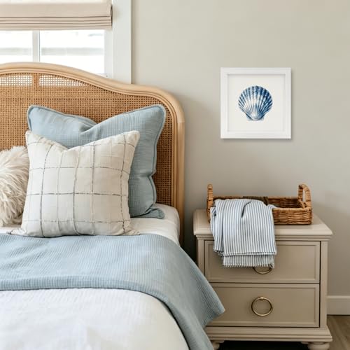 Seashell Wall Art Decor - Blue Coastal Summer Beach Theme, 7x7 Inch Handmade