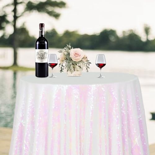 Iridescent White Round Sequin Tablecloth 72 Inch Wedding Birthday Decor - Sparkly Overlay