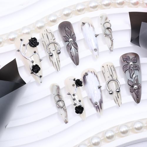 Gothic Handmade Press on Nails - Long Stiletto Black Fake Nails with 3D Rose Rivets - Variation Gothic Nails-7