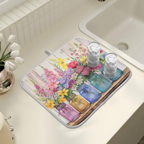 24x18 Inch Floral Jars Dish Drying Mat for Kitchen Counter Absorbent Microfiber