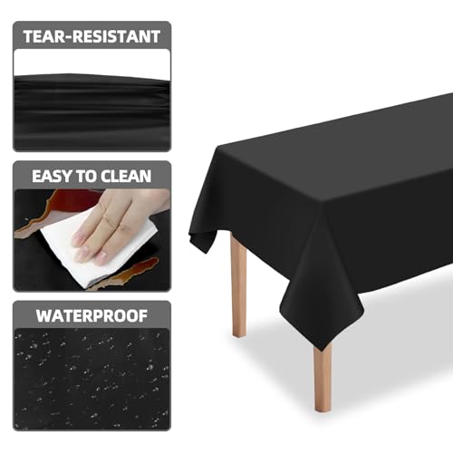 Disposable Plastic Tablecloths 54x108 Inches Black 6 Pack - Waterproof & Tear-Resistant