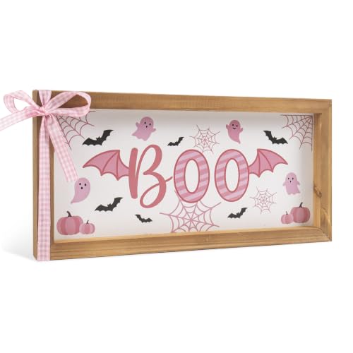 Pink Halloween Wooden Sign - Girly Boo Wall & Table Decor with Pumpkin & Ghost