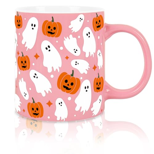 Pink Halloween Mug Ghost Pumpkin Ceramic Coffee Cup 12oz - Ghost & Pumpkin Design