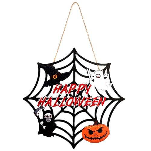 Halloween Spider Web Hanging Decor with Ghost Pumpkin Skull Bats - Wooden Front Door Wreath