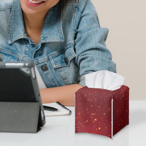 Doginthehole Christmas Tissue Box Cover - Red Golden Xmas Tree Design, Decorative PU Leather